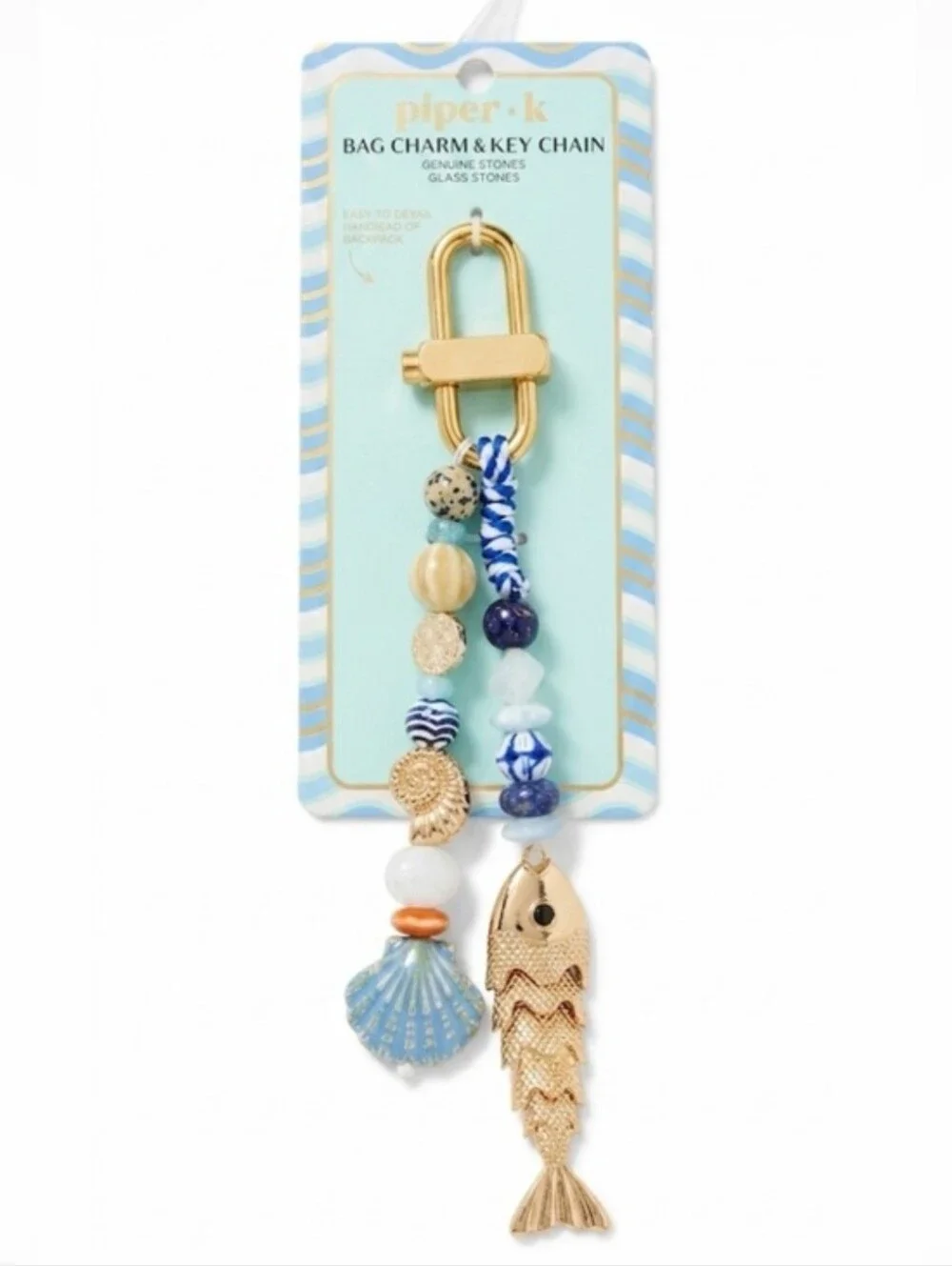 ✨️▪️piper K ▪️ Blue & Gold Beaded Fish and Shell Key Chain Charm